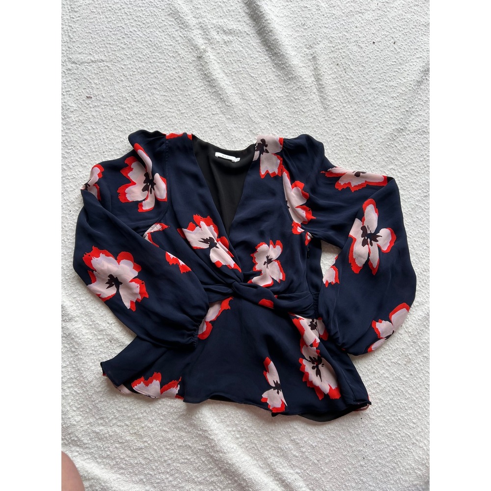 A.L.C. Silk Floral Twist-Front Blouse Navy Red Pink Size 2